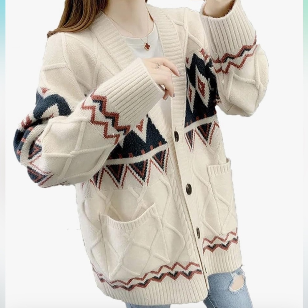 On Blue cardigan Aztec style sweater Size L